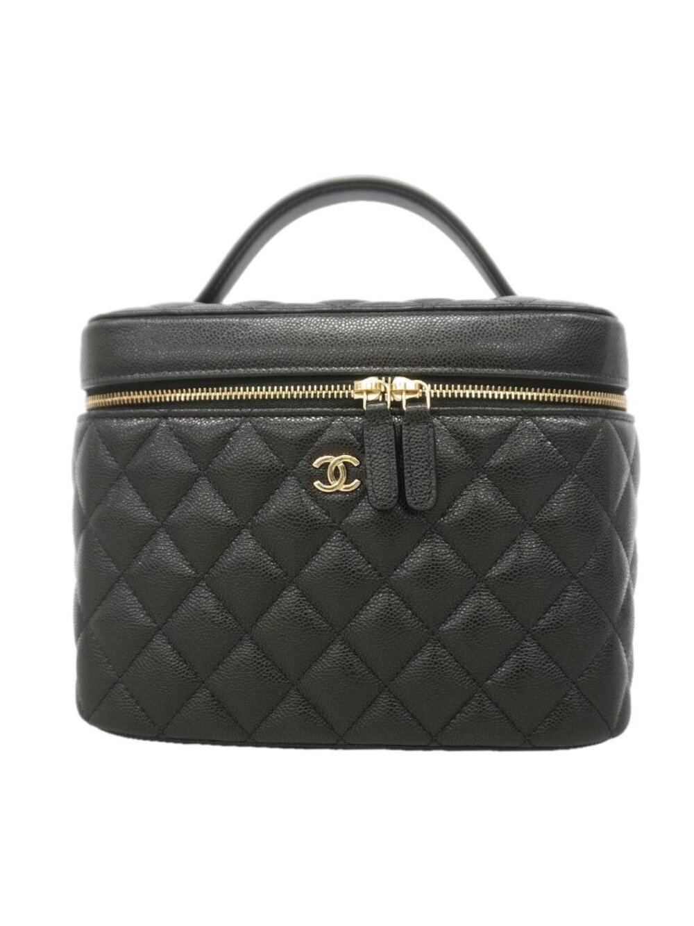 Chanel Vanity Bag Quilted Caviar Leather Black Champagne Gold